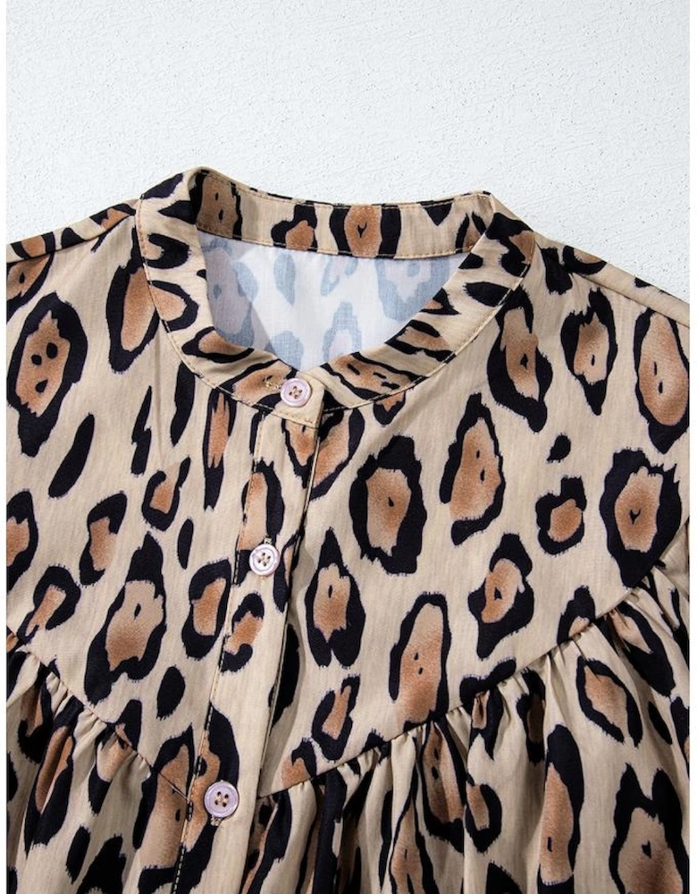 Light French Beige Oversized Leopard Print Balloon Sleeve Casual Shirt