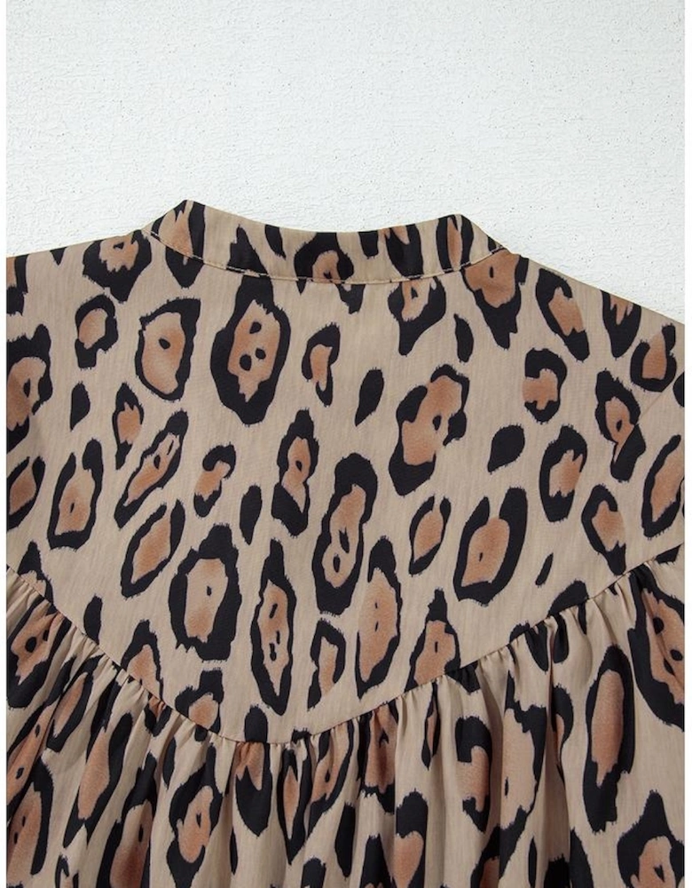 Light French Beige Oversized Leopard Print Balloon Sleeve Casual Shirt