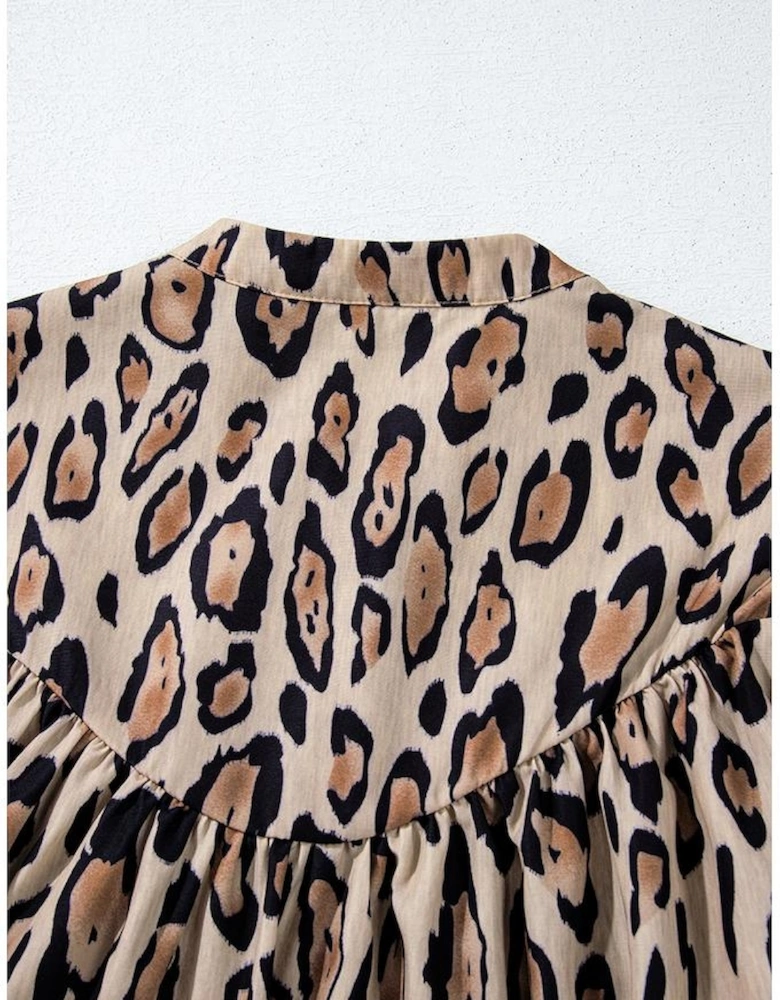 Light French Beige Oversized Leopard Print Balloon Sleeve Casual Shirt