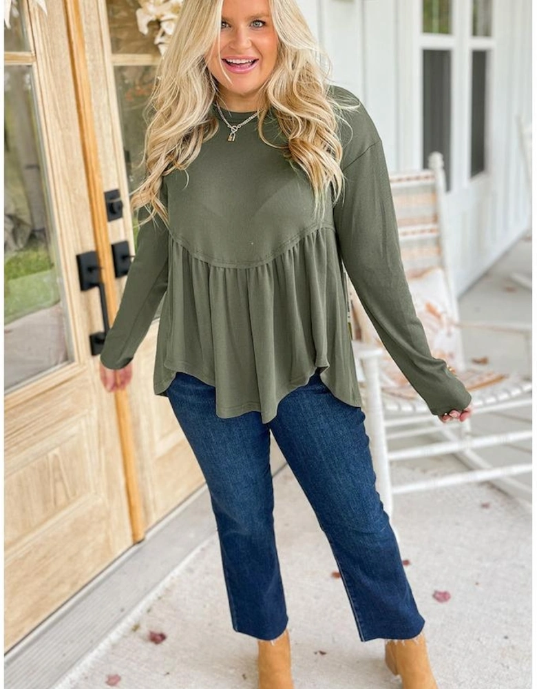 Mist Green Plus Size Thermal Knitted Babydoll Flare Top