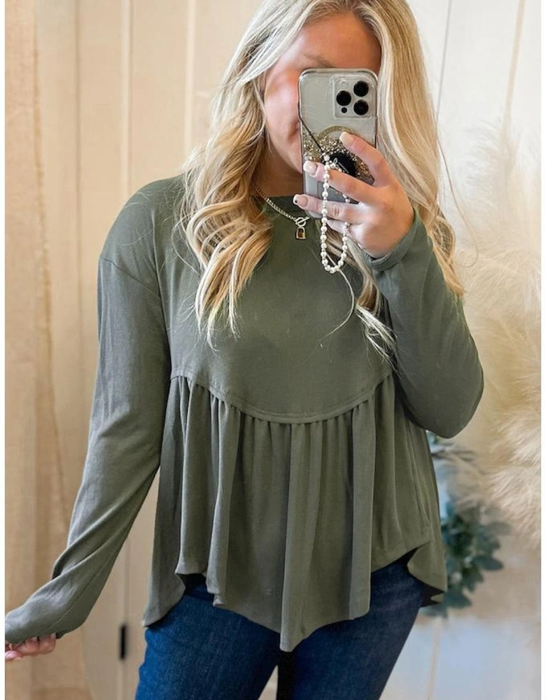 Mist Green Plus Size Thermal Knitted Babydoll Flare Top