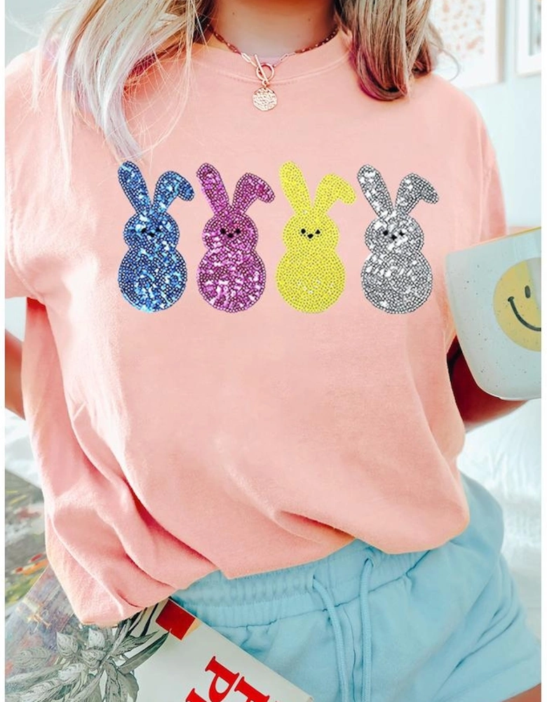 Pink Sequin Cute Bunny Graphic Easter Fashion Tee