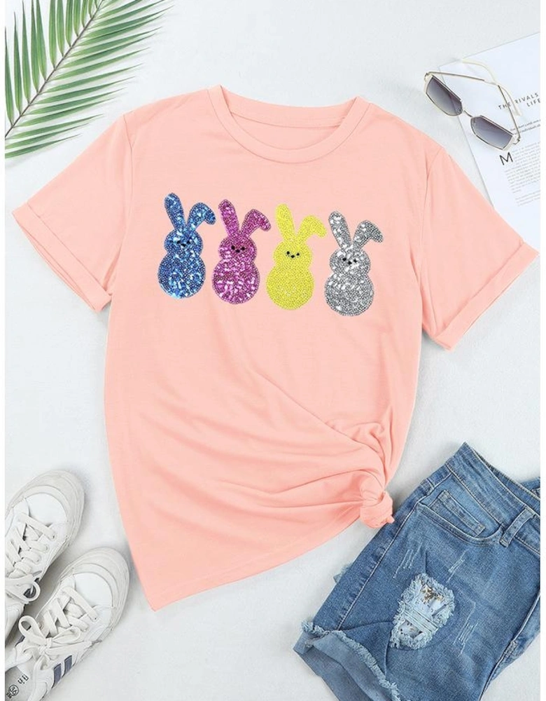 Pink Sequin Cute Bunny Graphic Easter Fashion Tee