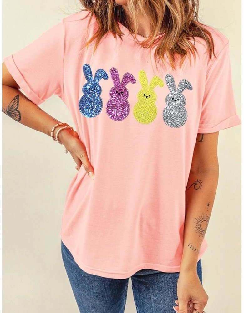 Pink Sequin Cute Bunny Graphic Easter Fashion Tee