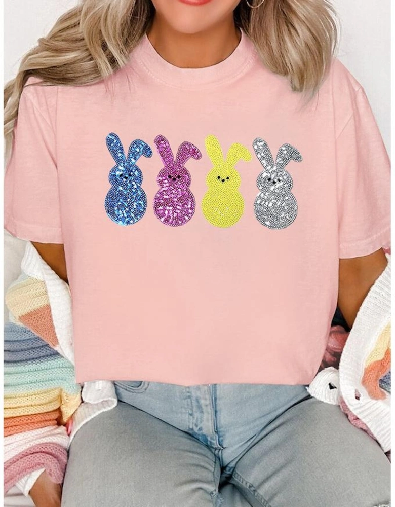 Pink Sequin Cute Bunny Graphic Easter Fashion Tee