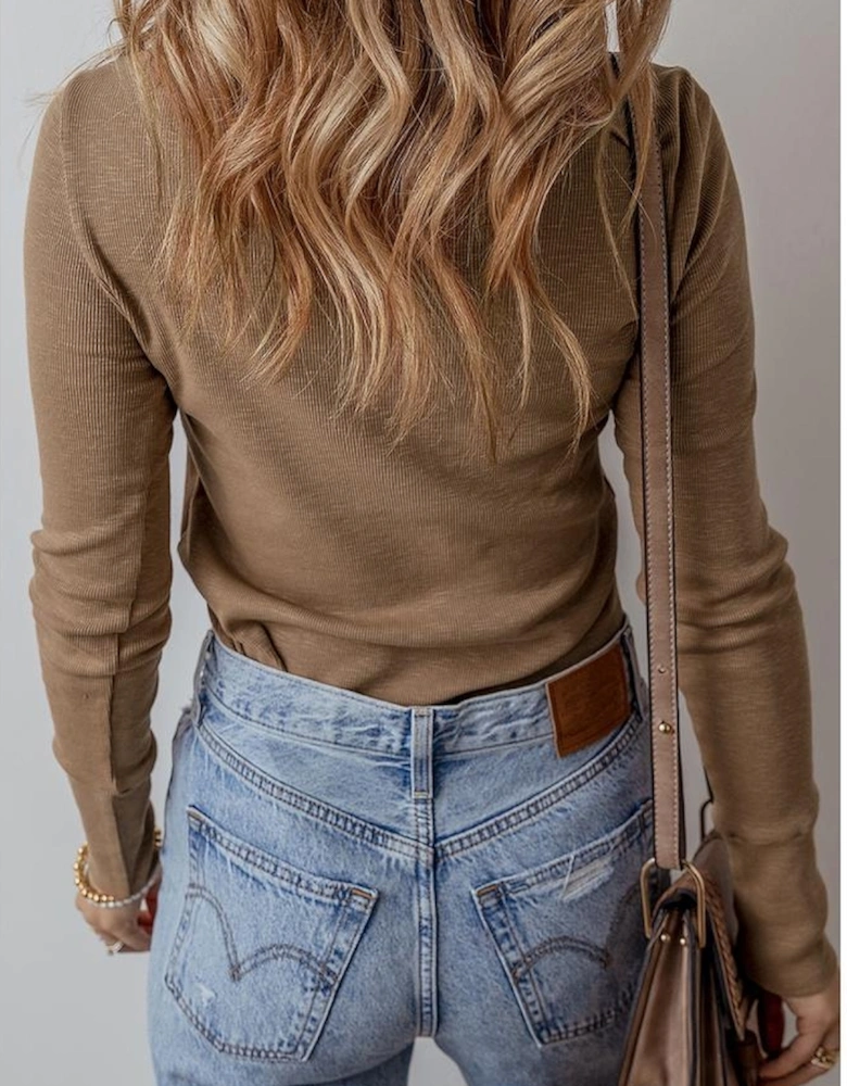 Chestnut Anglaise Broider Ribbed Long Sleeve Top