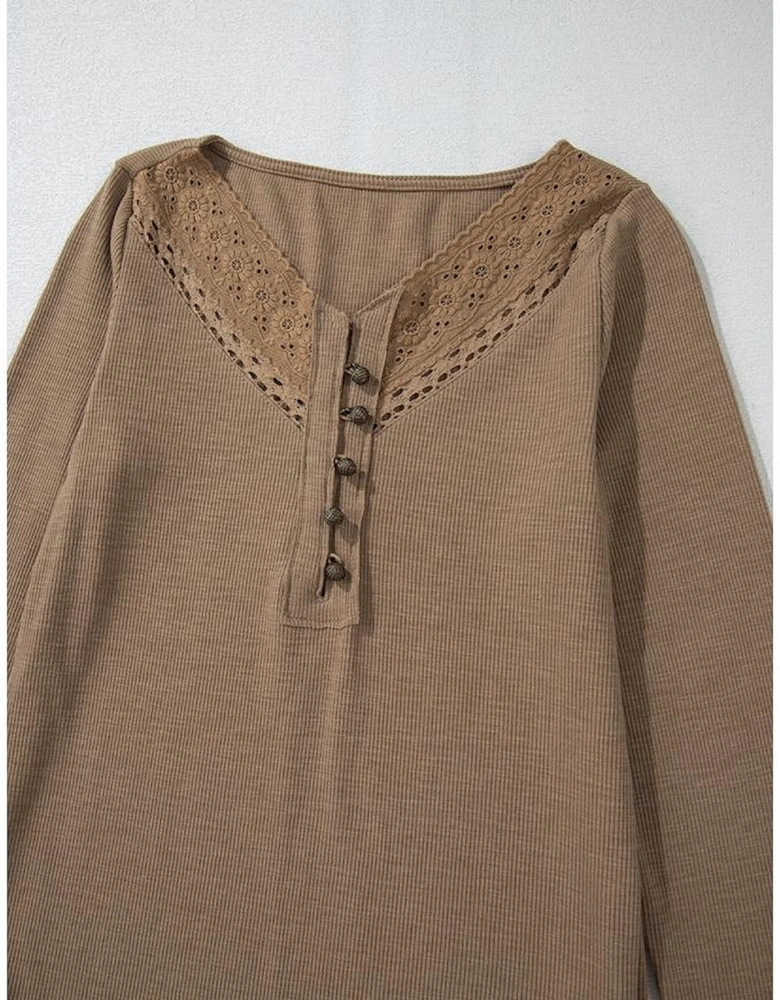 Chestnut Anglaise Broider Ribbed Long Sleeve Top