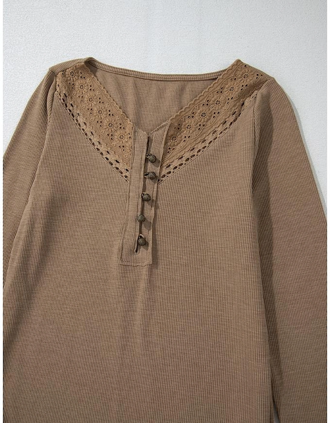 Chestnut Anglaise Broider Ribbed Long Sleeve Top