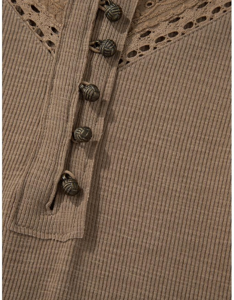 Chestnut Anglaise Broider Ribbed Long Sleeve Top