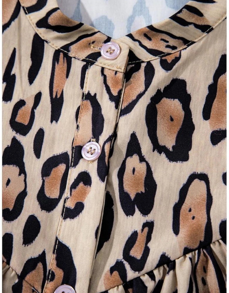 Light French Beige Oversized Leopard Print Balloon Sleeve Casual Shirt
