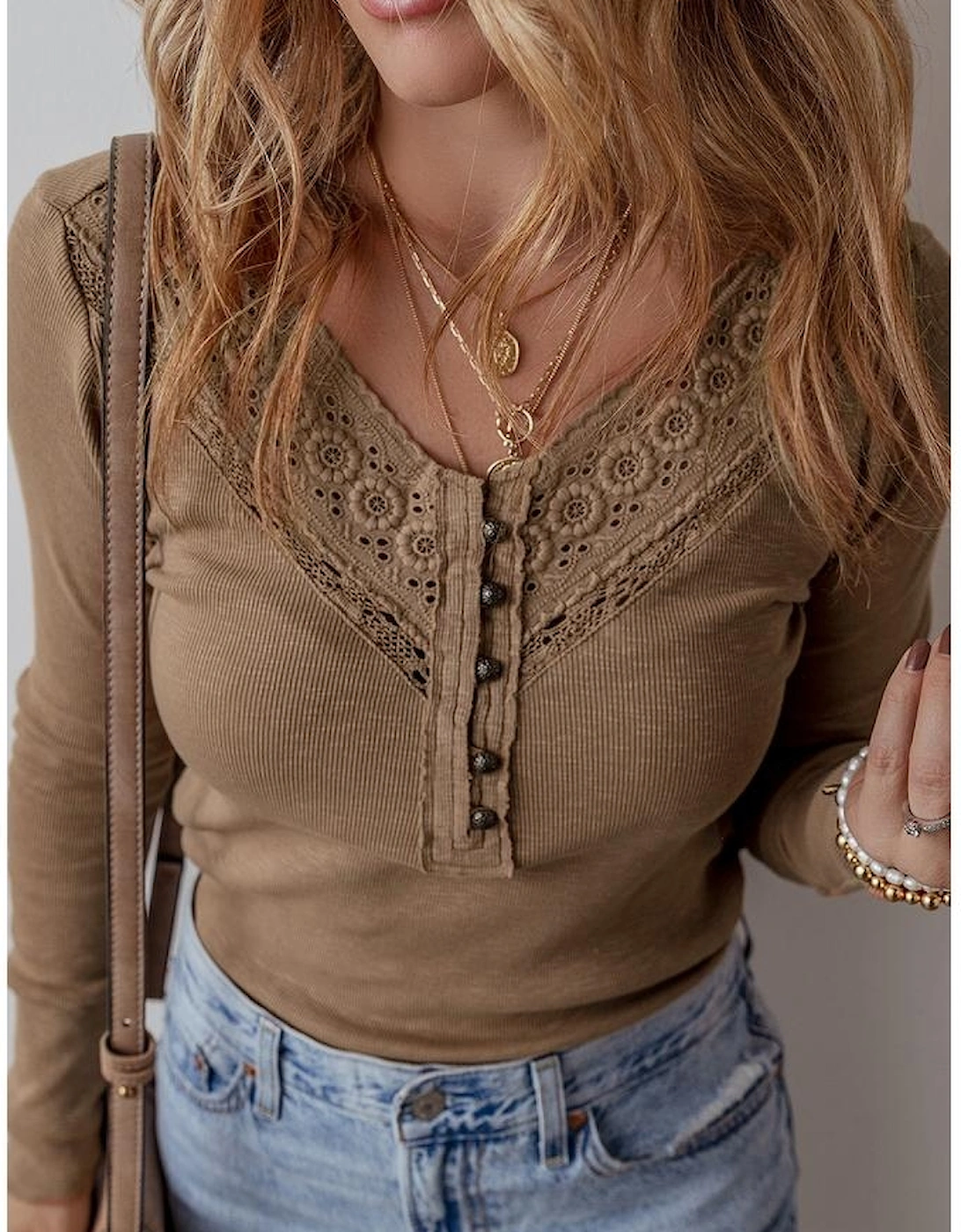 Chestnut Anglaise Broider Ribbed Long Sleeve Top