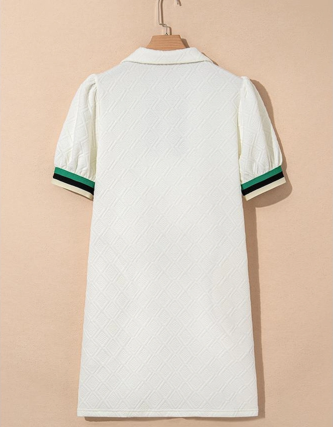 White Textured Jacquard Colorblock Edge Puff Sleeve Quarter Zip Mini Dress