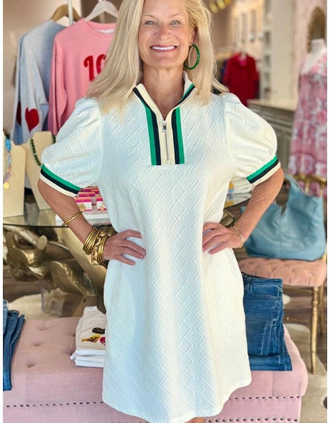 White Textured Jacquard Colorblock Edge Puff Sleeve Quarter Zip Mini Dress