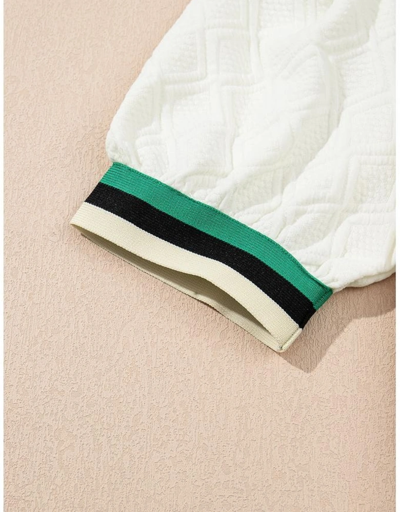 White Textured Jacquard Colorblock Edge Puff Sleeve Quarter Zip Mini Dress