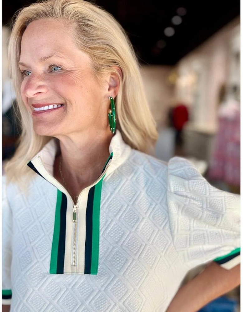 White Textured Jacquard Colorblock Edge Puff Sleeve Quarter Zip Mini Dress