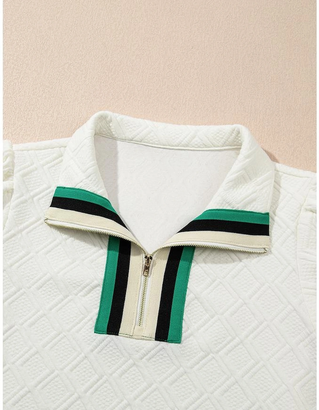 White Textured Jacquard Colorblock Edge Puff Sleeve Quarter Zip Mini Dress