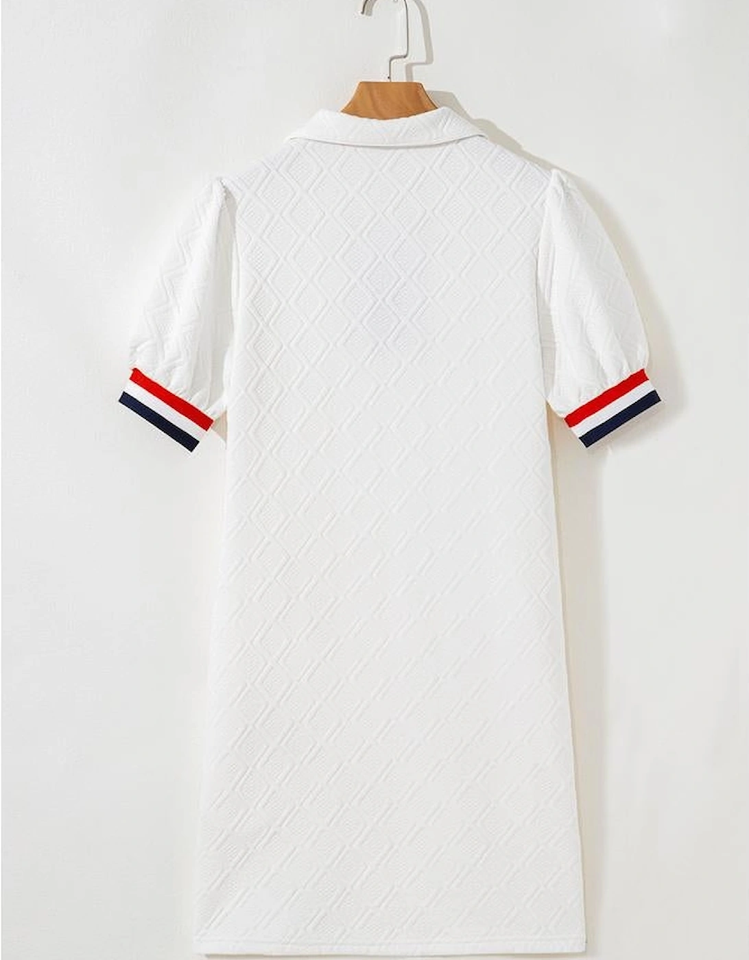 White Textured Jacquard Colorblock Edge Puff Sleeve Quarter Zip Mini Dress