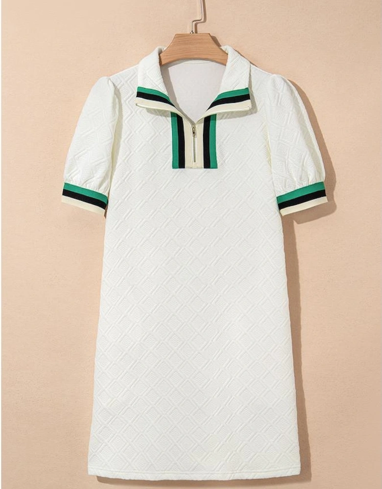 White Textured Jacquard Colorblock Edge Puff Sleeve Quarter Zip Mini Dress