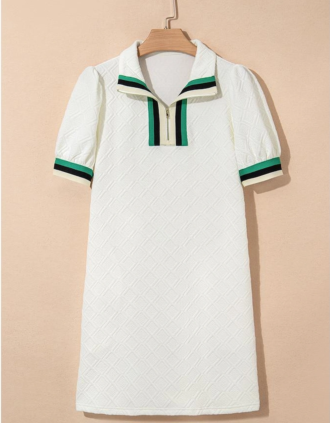 White Textured Jacquard Colorblock Edge Puff Sleeve Quarter Zip Mini Dress
