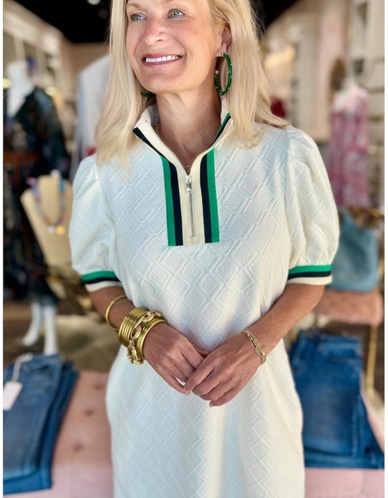 White Textured Jacquard Colorblock Edge Puff Sleeve Quarter Zip Mini Dress