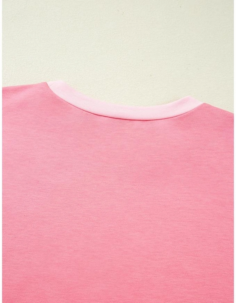 Peach Blossom Two Tones Patchwork Half Sleeve Plus Size T Shirt