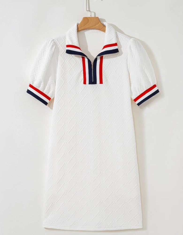 White Textured Jacquard Colorblock Edge Puff Sleeve Quarter Zip Mini Dress