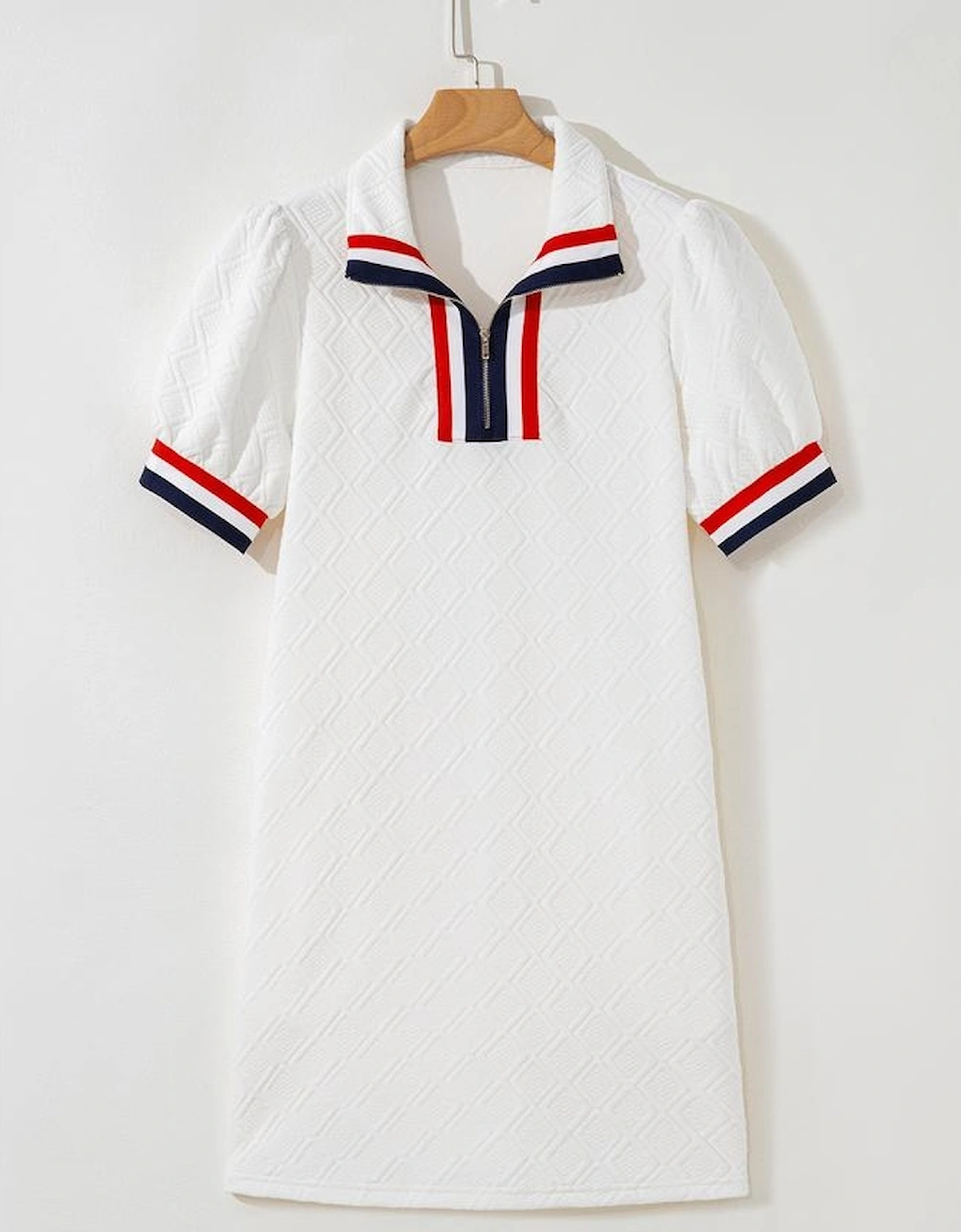 White Textured Jacquard Colorblock Edge Puff Sleeve Quarter Zip Mini Dress