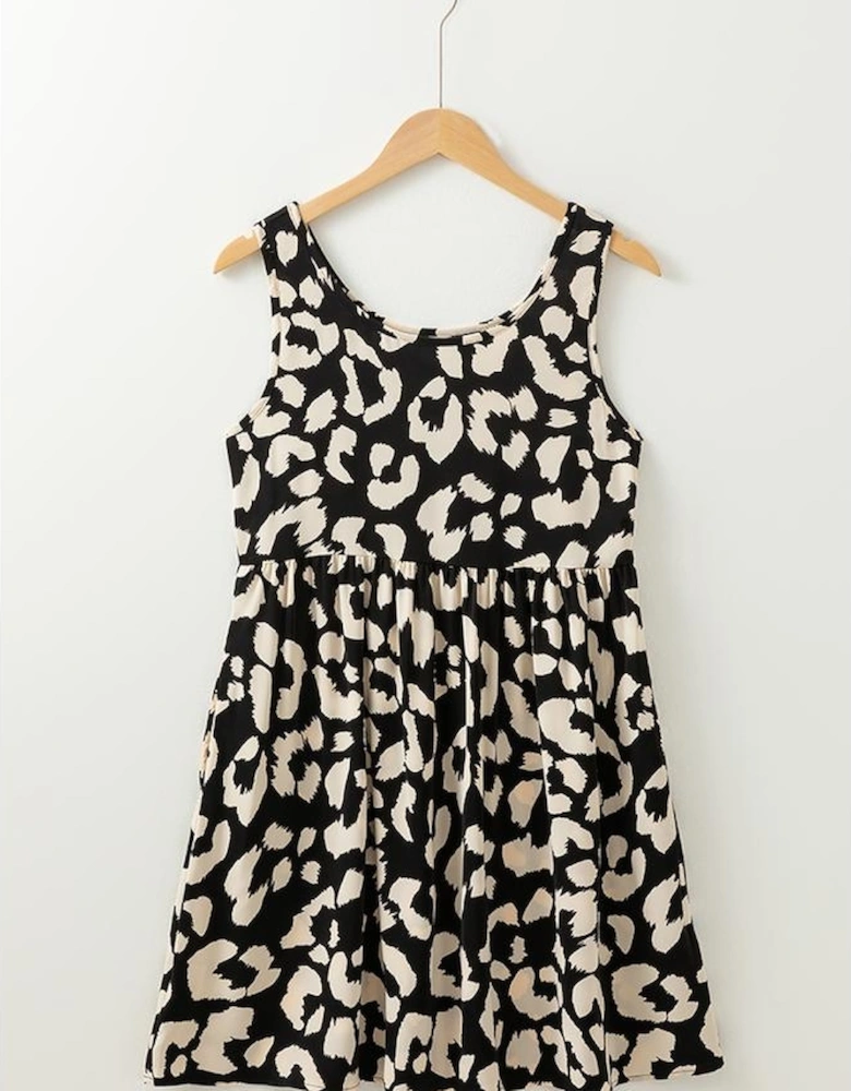 Black Leopard Print U Neck Sleeveless High Waist Dress