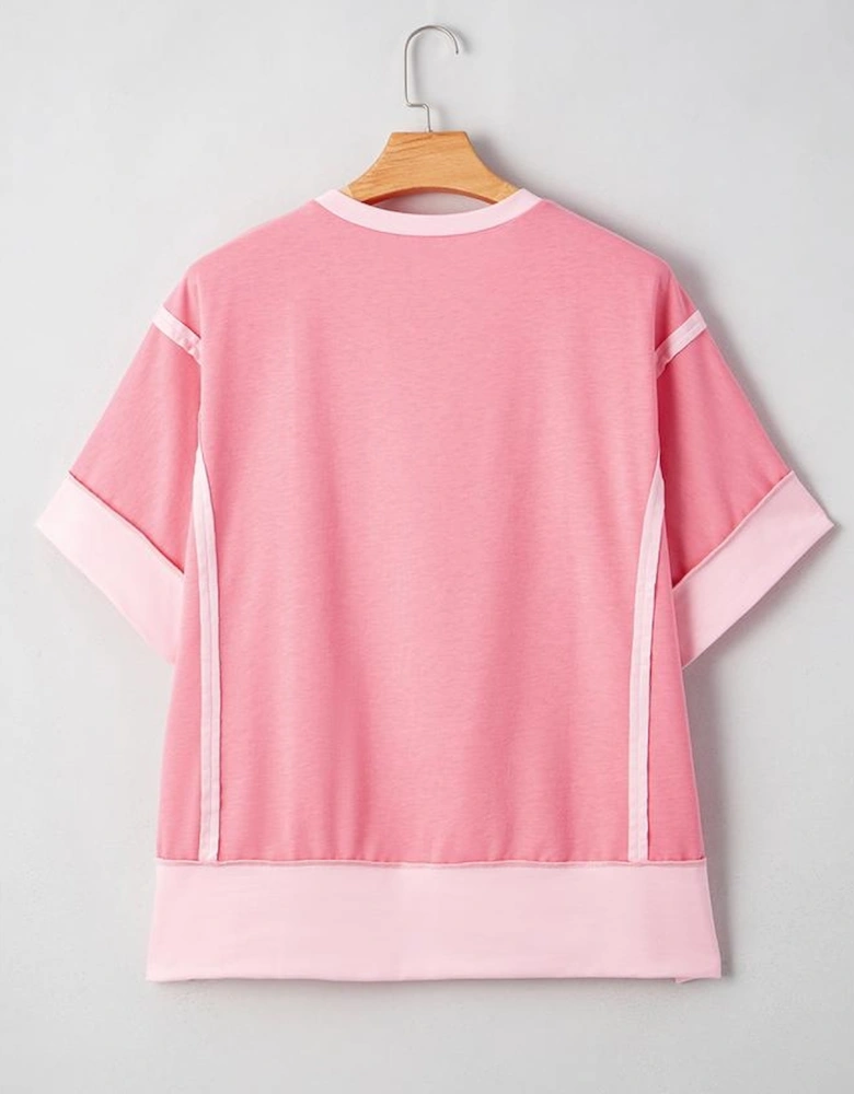 Peach Blossom Two Tones Patchwork Half Sleeve Plus Size T Shirt