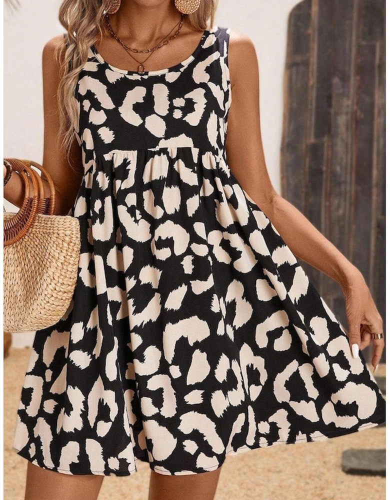 Black Leopard Print U Neck Sleeveless High Waist Dress