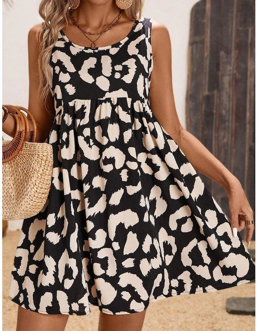 Black Leopard Print U Neck Sleeveless High Waist Dress