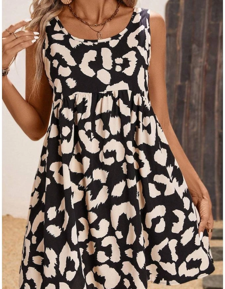Black Leopard Print U Neck Sleeveless High Waist Dress
