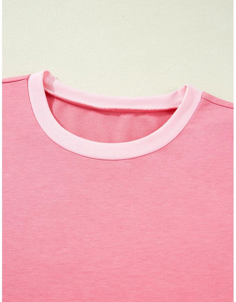 Peach Blossom Two Tones Patchwork Half Sleeve Plus Size T Shirt