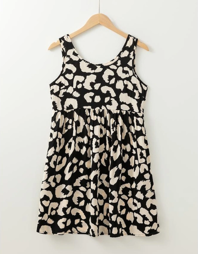 Black Leopard Print U Neck Sleeveless High Waist Dress