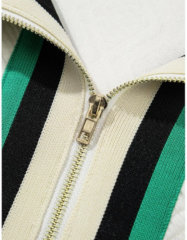 White Textured Jacquard Colorblock Edge Puff Sleeve Quarter Zip Mini Dress