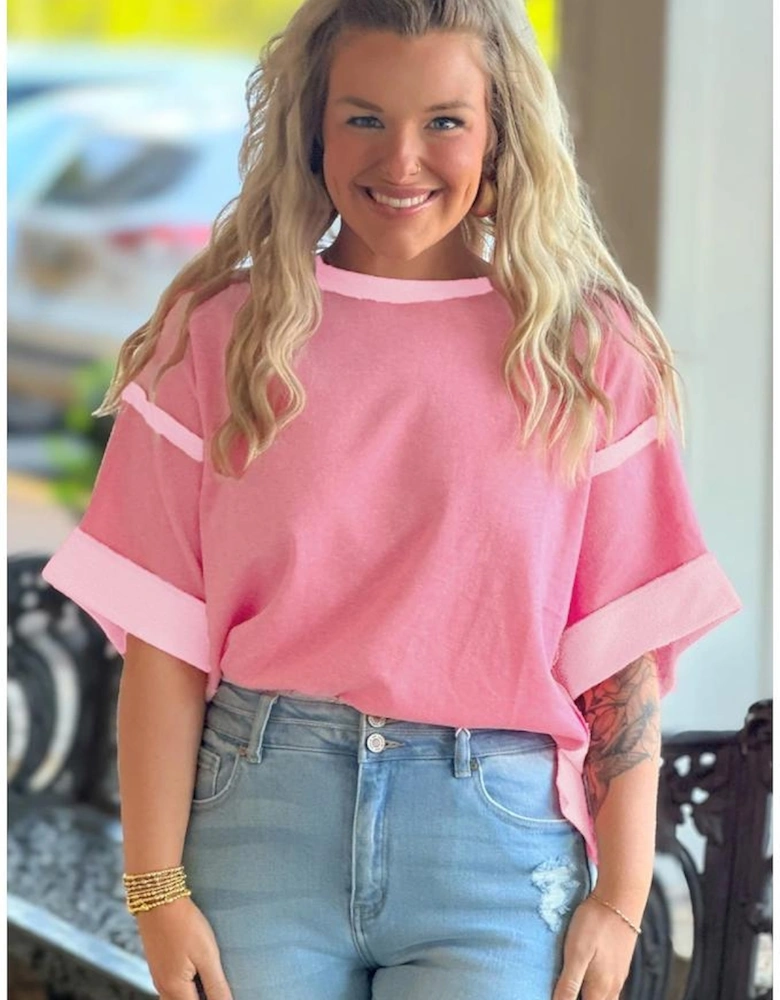 Peach Blossom Two Tones Patchwork Half Sleeve Plus Size T Shirt