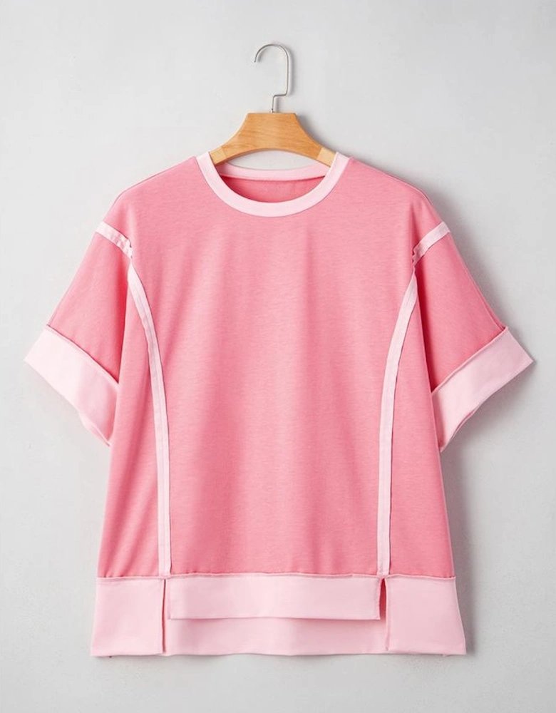 Peach Blossom Two Tones Patchwork Half Sleeve Plus Size T Shirt