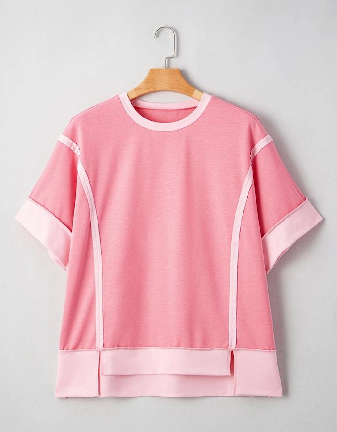 Peach Blossom Two Tones Patchwork Half Sleeve Plus Size T Shirt