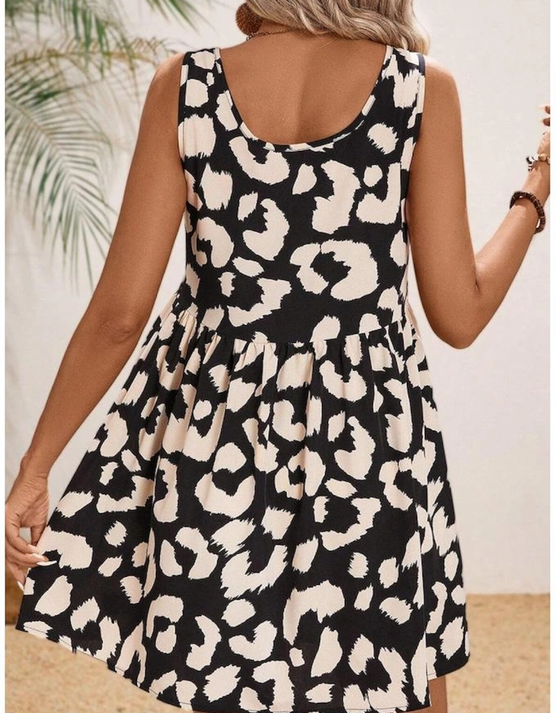 Black Leopard Print U Neck Sleeveless High Waist Dress