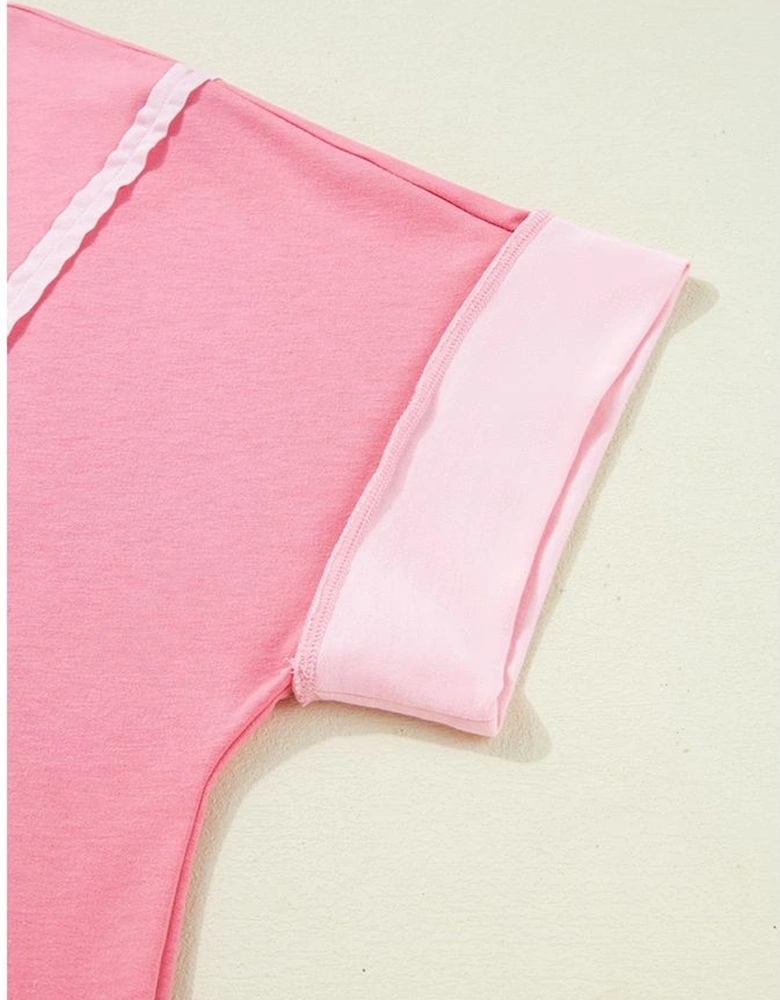 Peach Blossom Two Tones Patchwork Half Sleeve Plus Size T Shirt