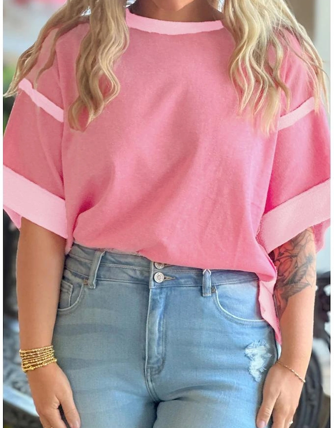 Peach Blossom Two Tones Patchwork Half Sleeve Plus Size T Shirt