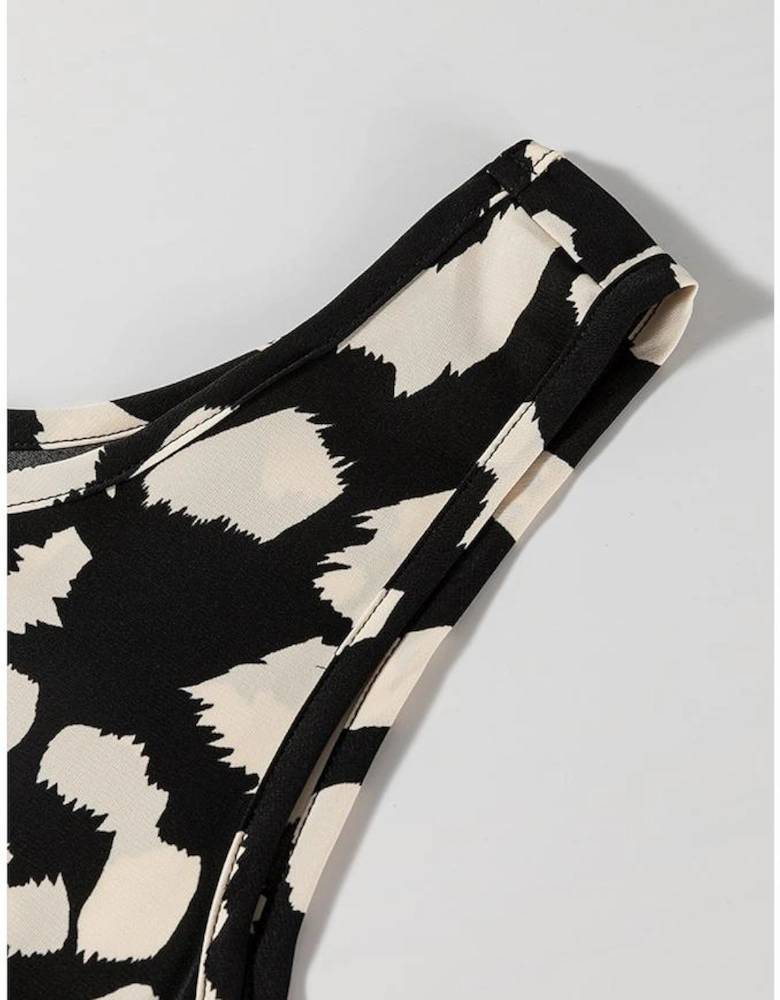 Black Leopard Print U Neck Sleeveless High Waist Dress