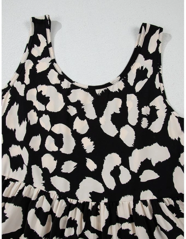 Black Leopard Print U Neck Sleeveless High Waist Dress