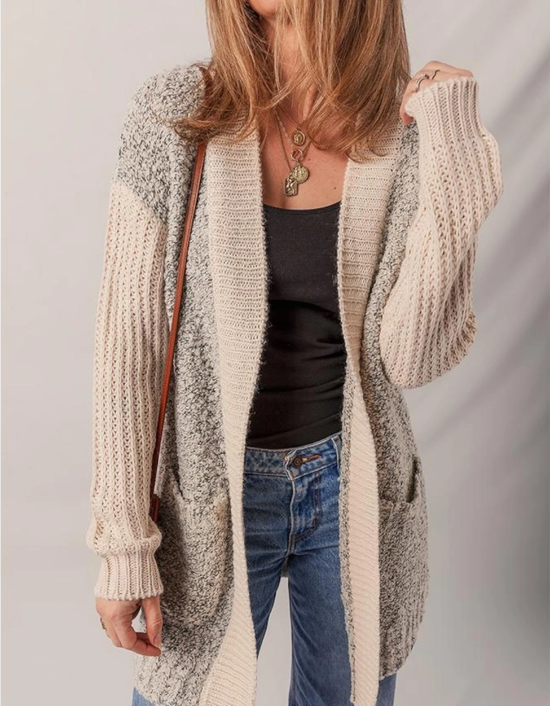 High Color Block Side Pockets Open Front Cardigan