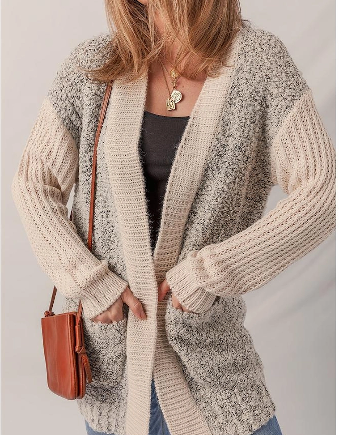 High Color Block Side Pockets Open Front Cardigan