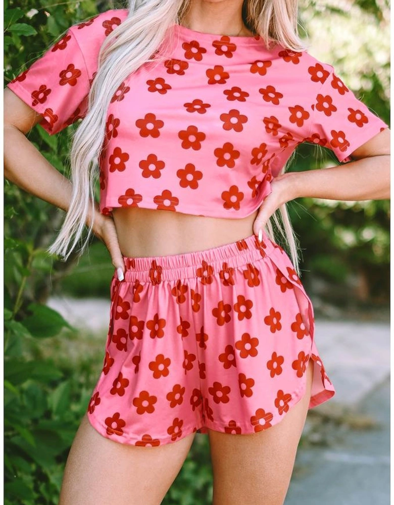 Rose Floral Print Crop Tee and Shorts Lounge Set