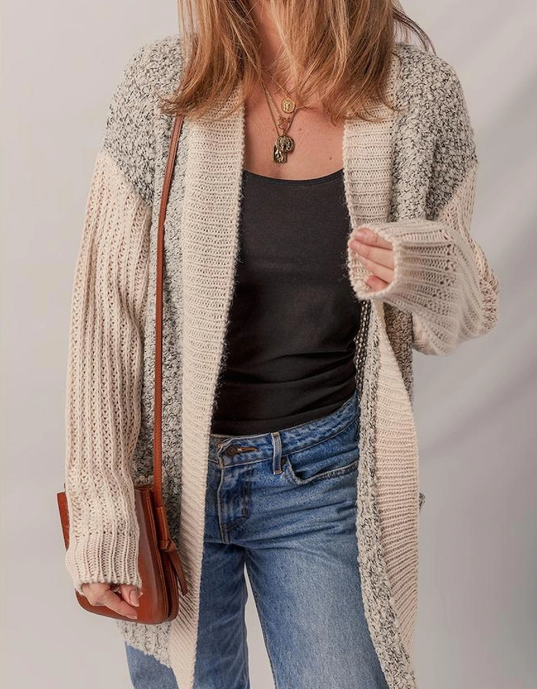 High Color Block Side Pockets Open Front Cardigan