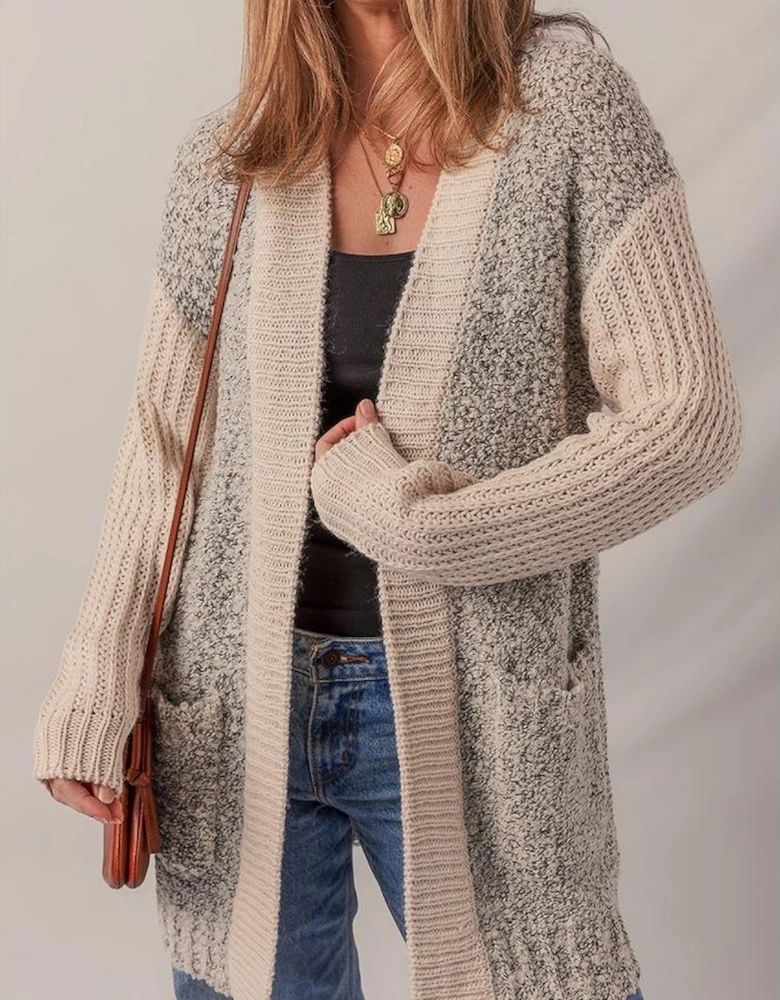 High Color Block Side Pockets Open Front Cardigan
