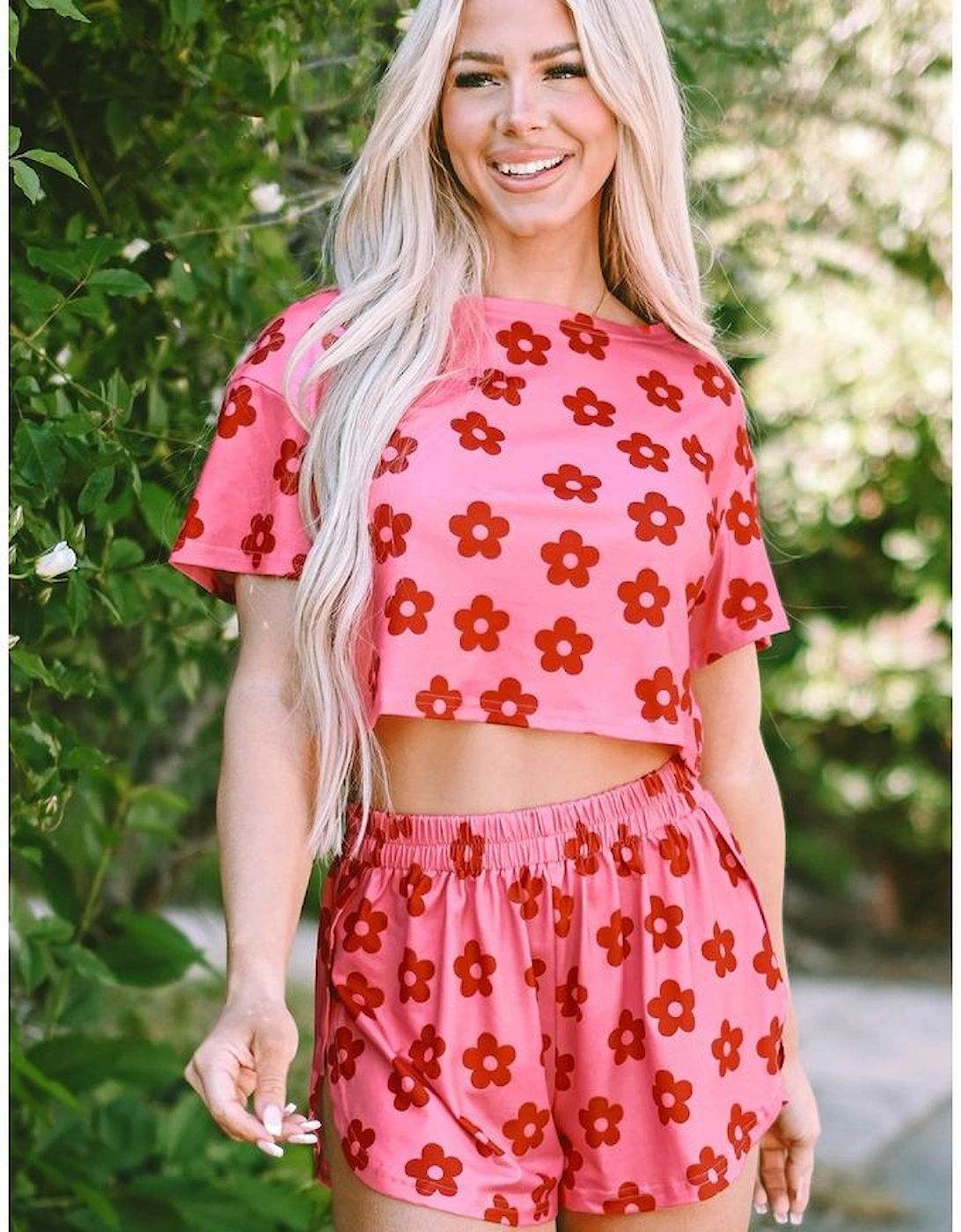 Rose Floral Print Crop Tee and Shorts Lounge Set