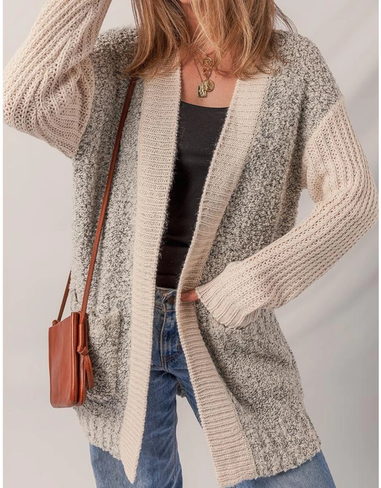 High Color Block Side Pockets Open Front Cardigan